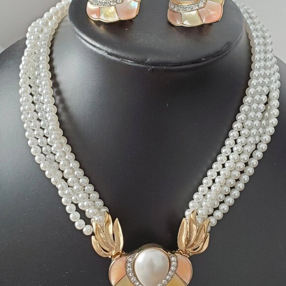 Butler FAC Mother of Pearl Faux Pearl and Crystal Earring, Necklace, Brooch Set - Picture 4 of 10